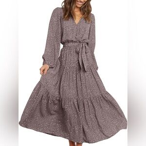 Prettygarden Women’s Long Sleeve Leopard Print Ruffle Dress - Brown - Size Large